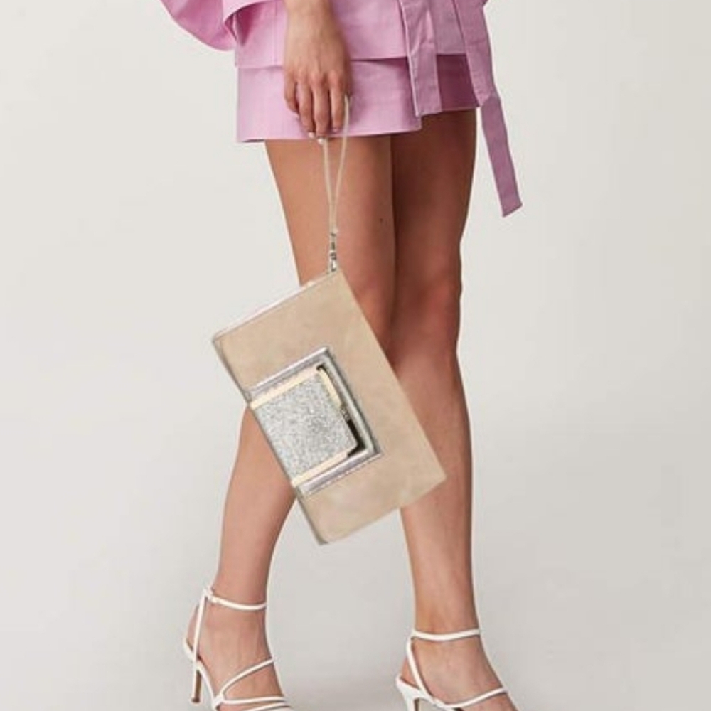 Jimmy Choo Gold Shimmer Suede Alara Wristlet Clutch